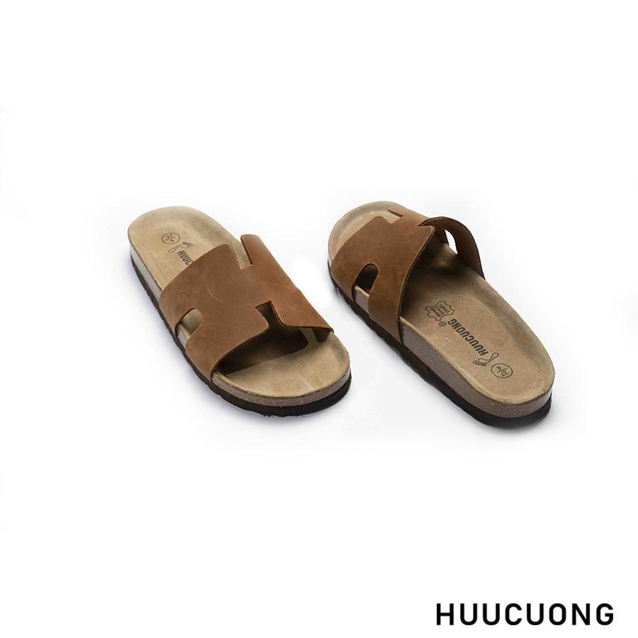 Dép unisex Huucuong chữ H da bò nâu đế trấu handmade