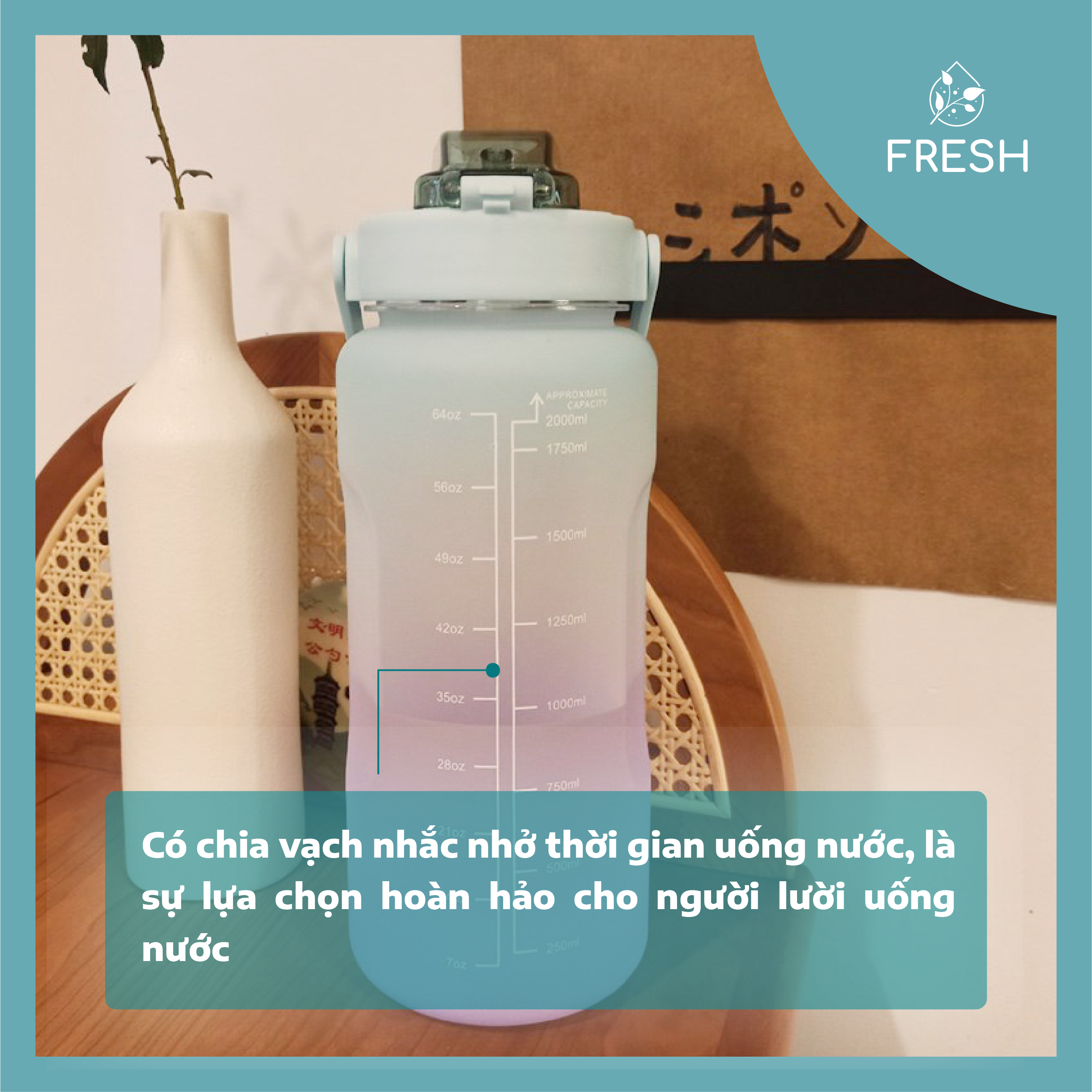 Bình Nước 2 Lít Chia Vạch Nhắc Nhở Giờ Uống Nước Mỗi Ngày TẶNG Kèm Sticker - FRESH