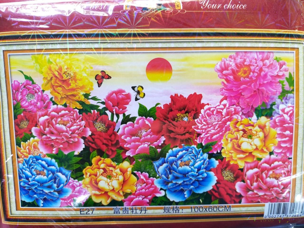 Tranh thêu chữ thập cánh đồng hoa mẫu đơn E27 - 100 x 60 cm - chưa thêu