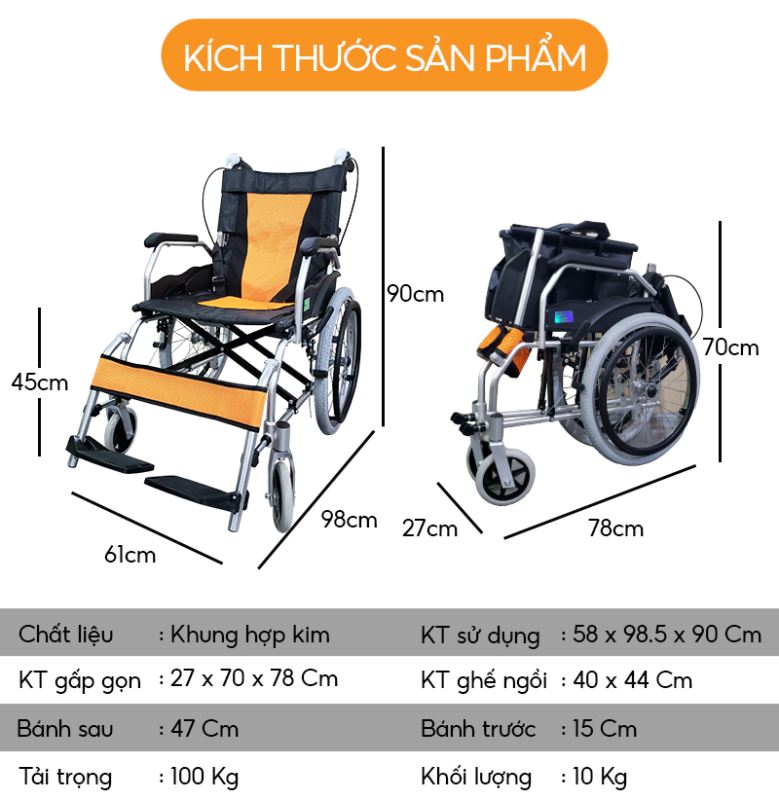 Xe lăn khung nhôm NIKITA, Trọng lượng nhẹ, kích thước xếp gọn siêu nhỏ, có quai xách để xách tay - NIKITA BH 12T