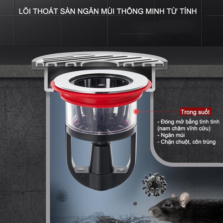 Lõi ngăn mùi thoát sàn, chắn rác từ tính thông minh S8P, một chiều, bằng nhựa ABS kèm 8 giỏ lọc rác