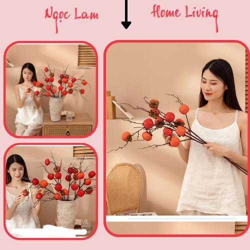 Cành quả hồng đỏ 7 quả giả dùng trang trí studio, spa, đại sảnh khách sạn, nhà hàng, phòng khách, phòng ngủ gia đình