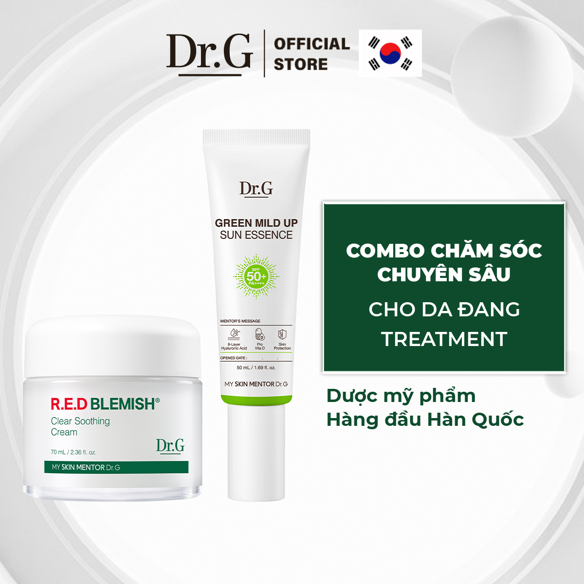 Combo Dr.G Kem Dưỡng R.E.D Blemish Clear Soothing Cream 70ml và Dr.G Kem chống nắng Green Mild Up Sun Essence 50ml