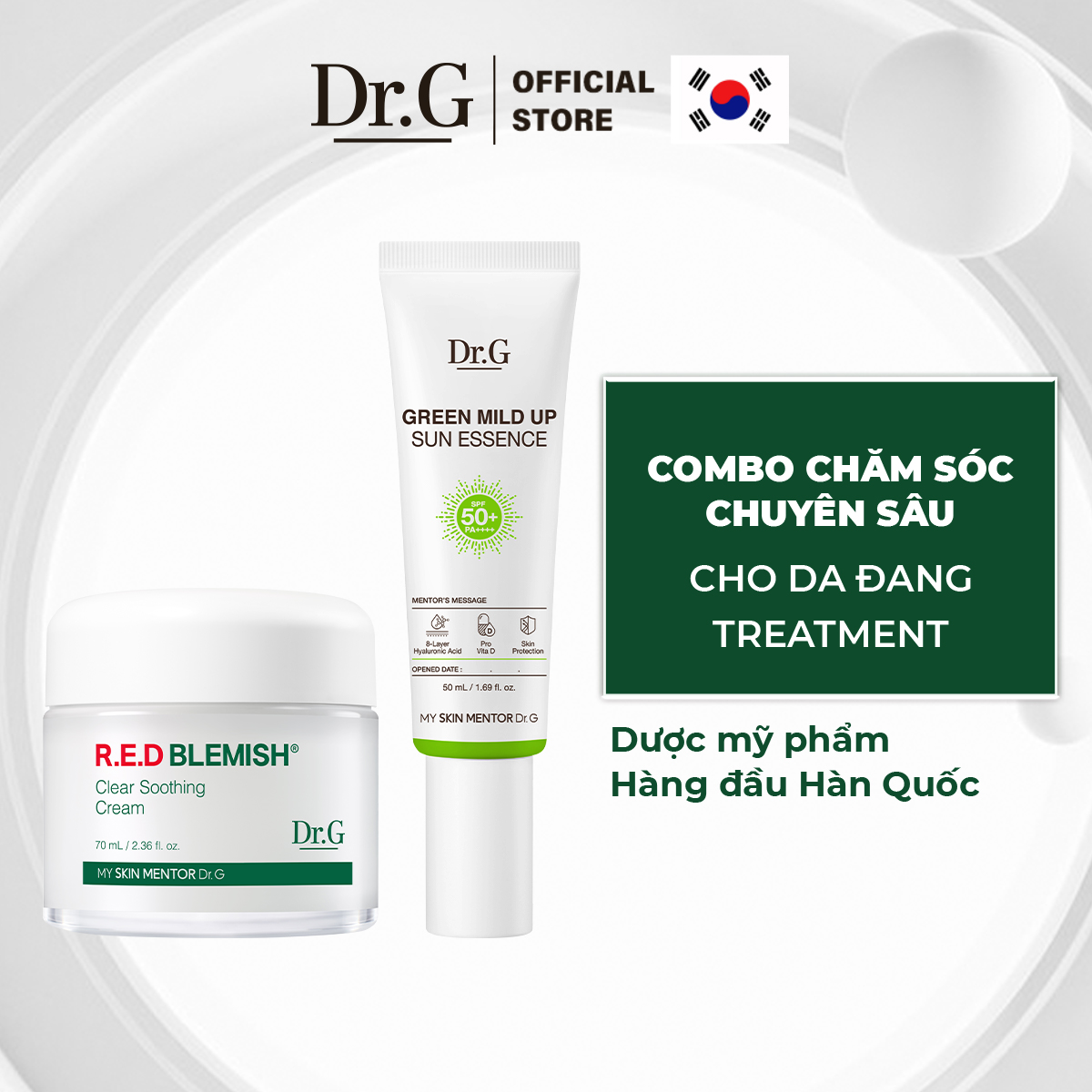 Combo Dr.G Kem Dưỡng R.E.D Blemish Clear Soothing Cream 70ml và Dr.G  Kem chống nắng Green Mild Up Sun Essence 50ml