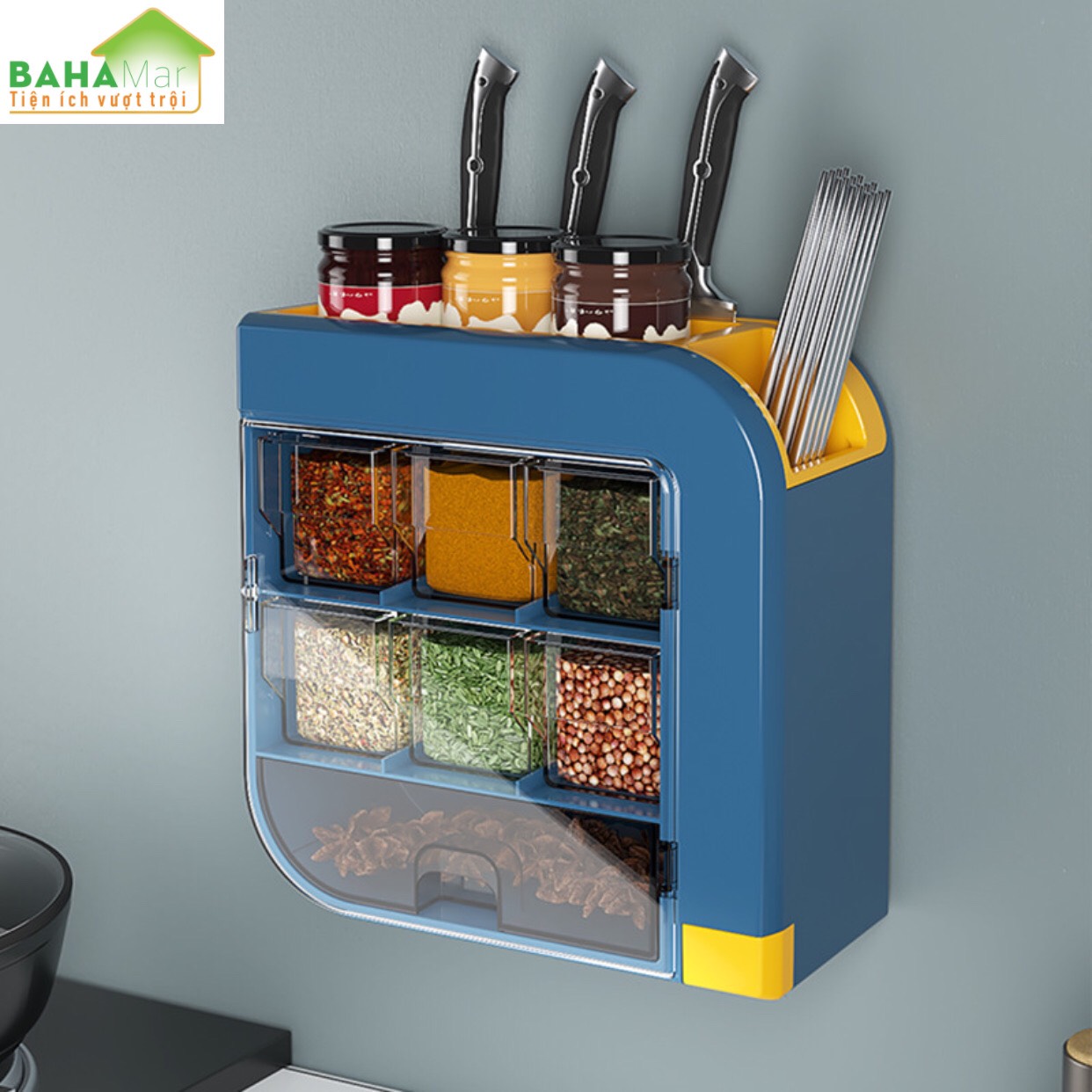 KỆ TREO TƯỜNG ĐA NĂNG ĐỰNG GIA VỊ NHÀ BẾP CẮM DAO VÀ ỐNG ĐŨA BAHAMAR sắp xếp và phân loại rõ ràng các loại gia vị và cắm dao đũa sạch sẽ khô ráo