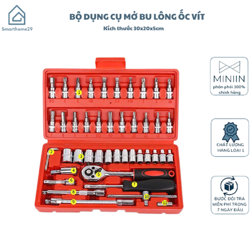 Bộ Dụng Cụ Mở Bu Lông Ốc Vít Sửa Chữa Ô Tô Xe Máy Đa Năng (46 Chi Tiết, Mạ Chrome, Chuẩn 1.4 Inch) - HÀNG CHÍNH HÃNG MINIIN