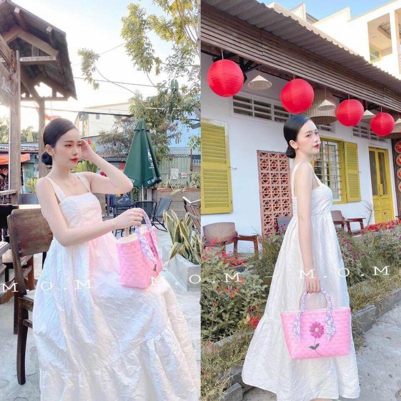 Đầm 2 dây maxi- đầm đi biển chất đũi có mút ngực
