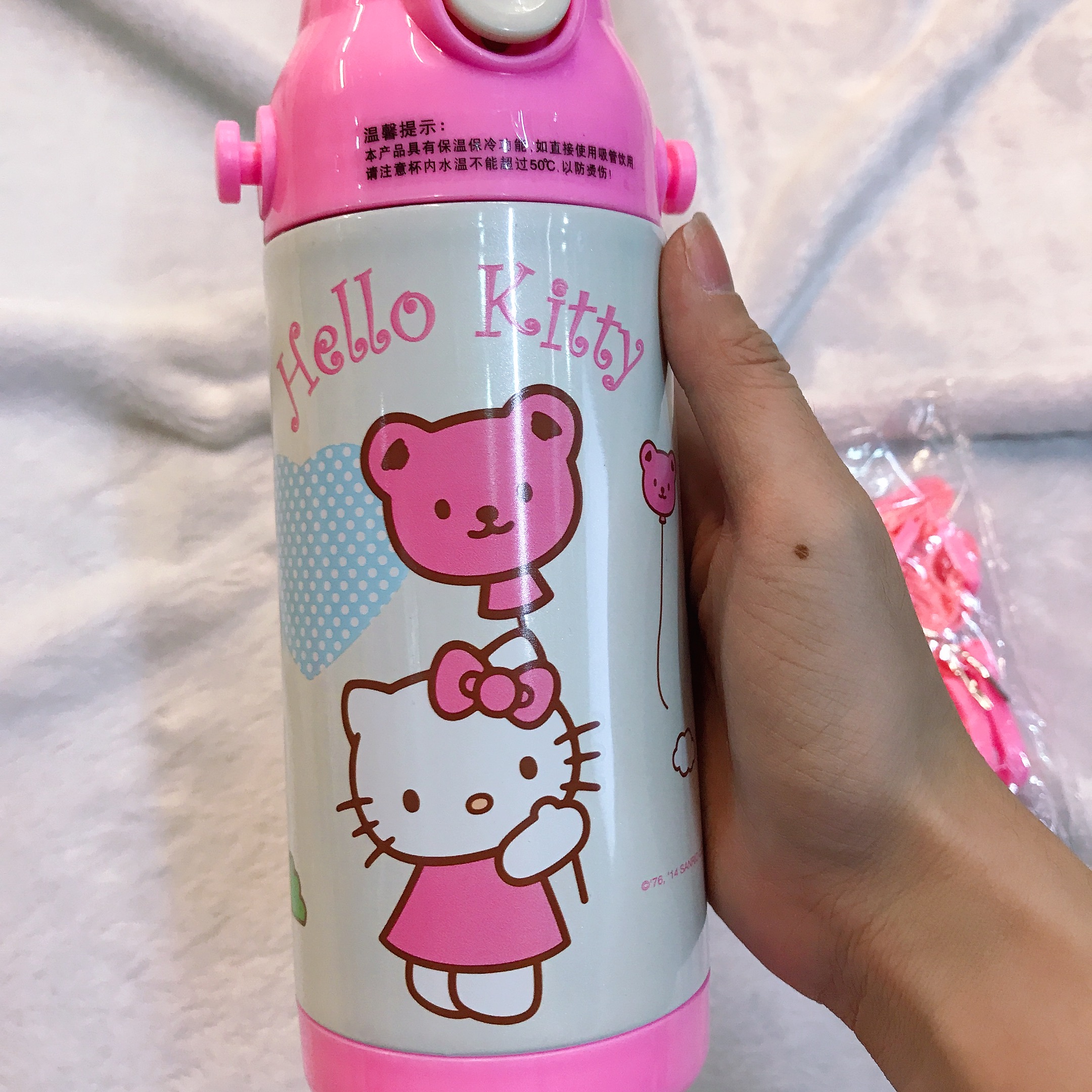 Bình nước giữ nhiệt hình mèo Kitty và gấu nắp trong suốt màu trắng hồng cho trẻ em, bé gái -  - KT3654TR