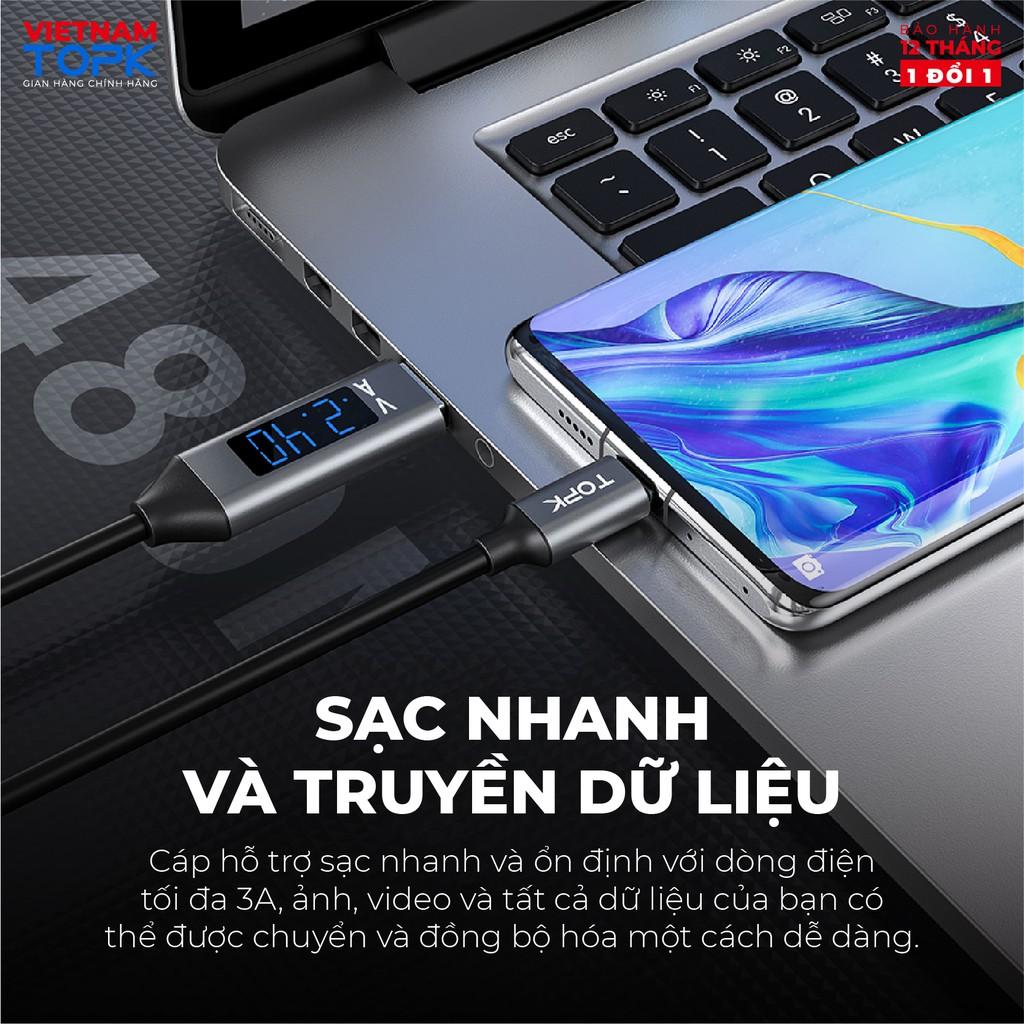 Dây sạc iPhone Type-C Micro USB TOPK AC32 Dòng điện 3A Màn hình LED hiển thị điện áp - Hàng chính hãng