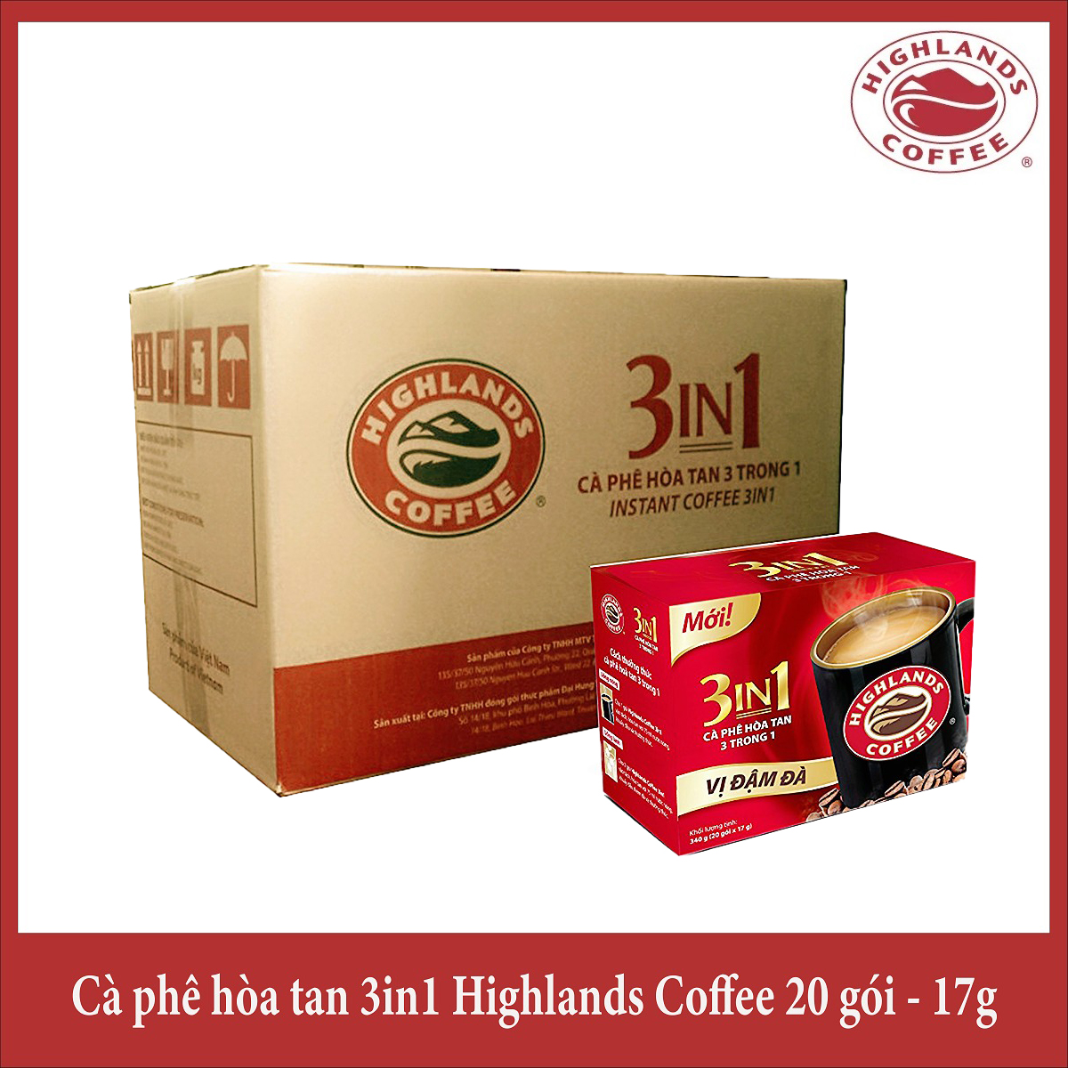 Thùng 24 hộp Cà phê hòa tan 3in1 Highlands Coffee 20 gói - 17g