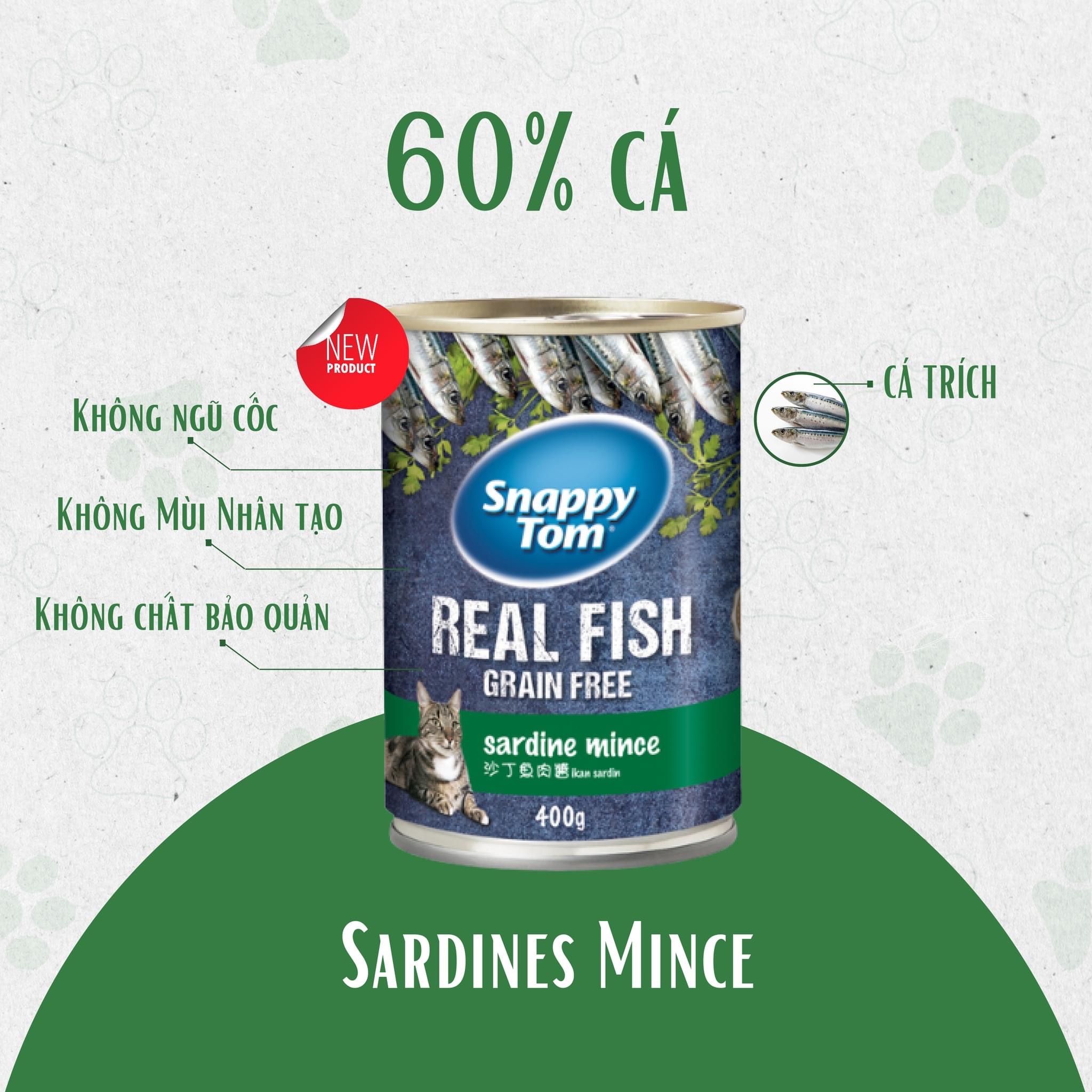 ￼Pate Snappy Tom Real Fish Grain Free cho mèo mọi lứa tuổi [ lon 400g