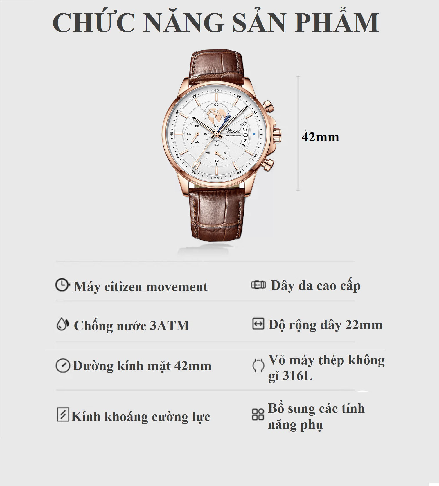 Đồng hồ nam chống nước DIZIZID chính hãng dây da cao cấp - Chạy full 6 kim và lịch ngày - Chống nước tốt - Kim dạ quang - Tặng kèm pin dự phòng DZDT69