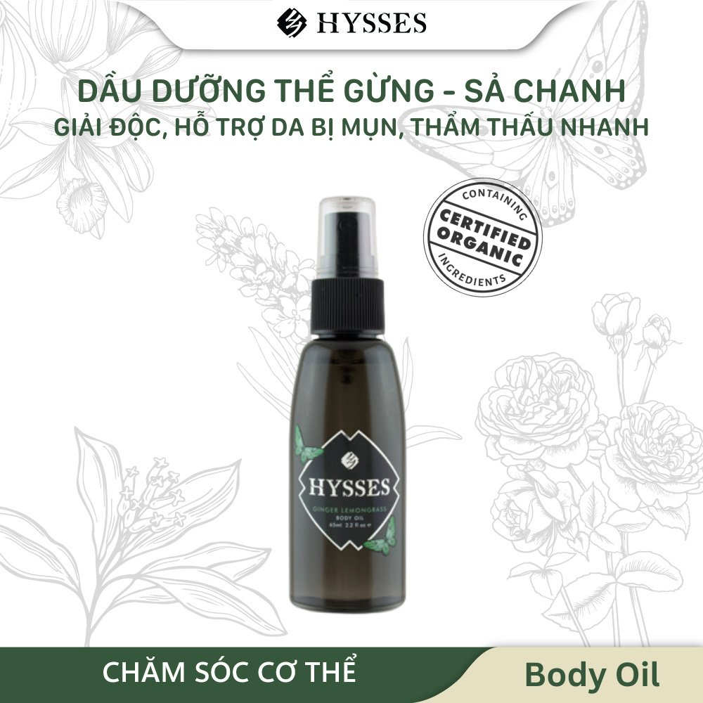 Dầu dưỡng thể Cao Cấp Hysses Body Oil Phù Hợp Cho Da Mụn, Giúp Làm Mới và Săn Chắc Da, Thư Giãn Cơ, Khóa Ẩm và Bảo Vệ Da Với Tinh Dầu Gừng & Sả Hữu Cơ Tự Nhiên