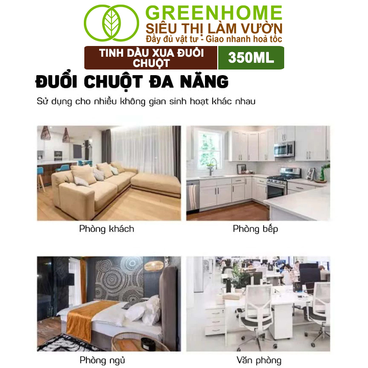 Tinh Dầu Xua Đuổi Chuột Greenhome, ASA Rapel, Chai 350ml, Thảo Mộc, An Toàn Cho Người Và Vật Nuôi