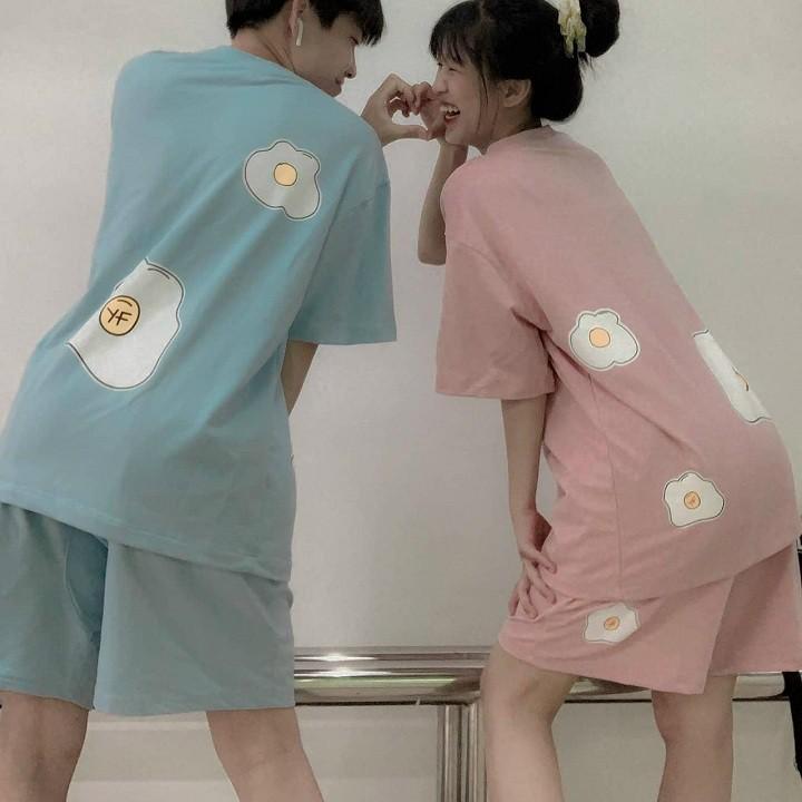 Set đồ bộ mặc nhà nam nữ, áo thun ngắn tay quần đùi trứng ốp la dễ thương, áo mặc nhà cặp đôi mùa hè