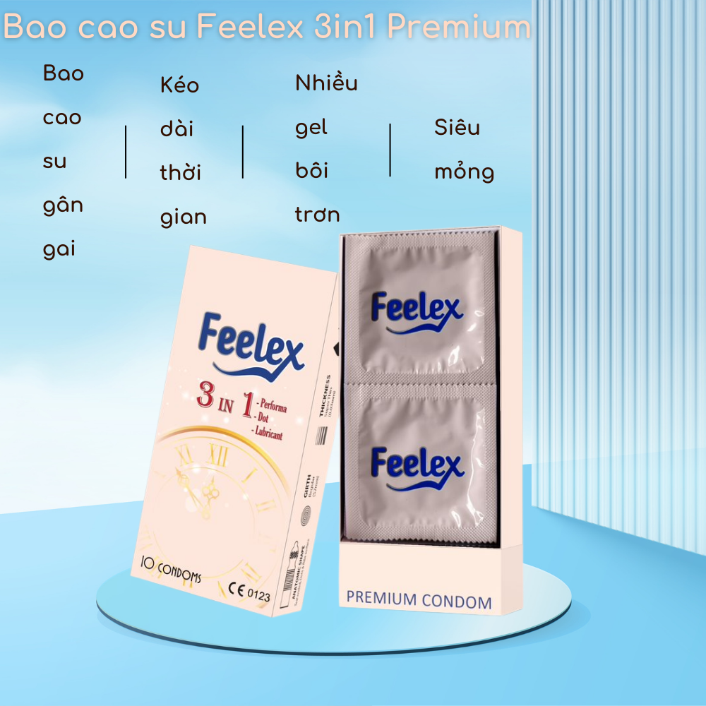 Bao cao su Feelex 3in1 gân gai, nhiều gel bôi trơn, kéo dài thời gian quan hệ, nhiều mùi hương, hộp 10 bcs