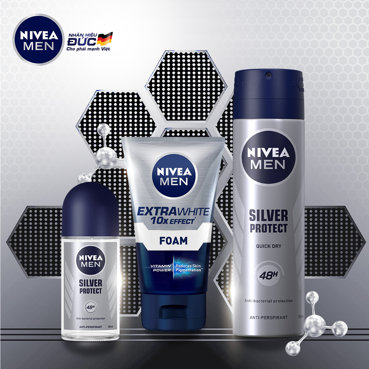 Bộ 3 sản phẩm Xịt và Lăn Ngăn Mùi NIVEA MEN Silver Protect Phân Tử Bạc Giảm 99.9% Vi Khuẩn Gây Mùi (150ml - 82959 &amp; 50ml - 83778) &amp; Sữa Rửa Mặt NIVEA MEN Làm Sáng Da (100G) - 88836