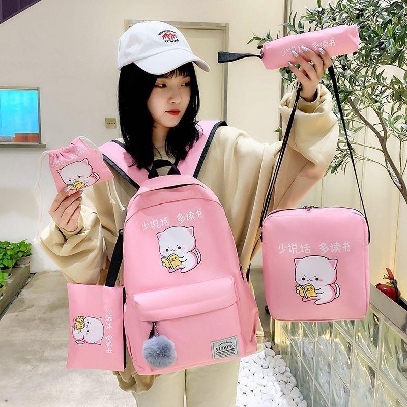 balo nữ combo 4 món ulzzang balo to đi học thời trang mèo đọc sách Ulzzang