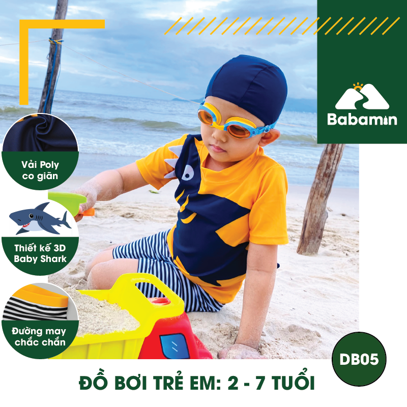 Đồ Bơi Trẻ Em Bé Trai Từ 2 - 7 Tuổi Kèm Mũ - Babamin - 3D Hình Cá Mập – DB05