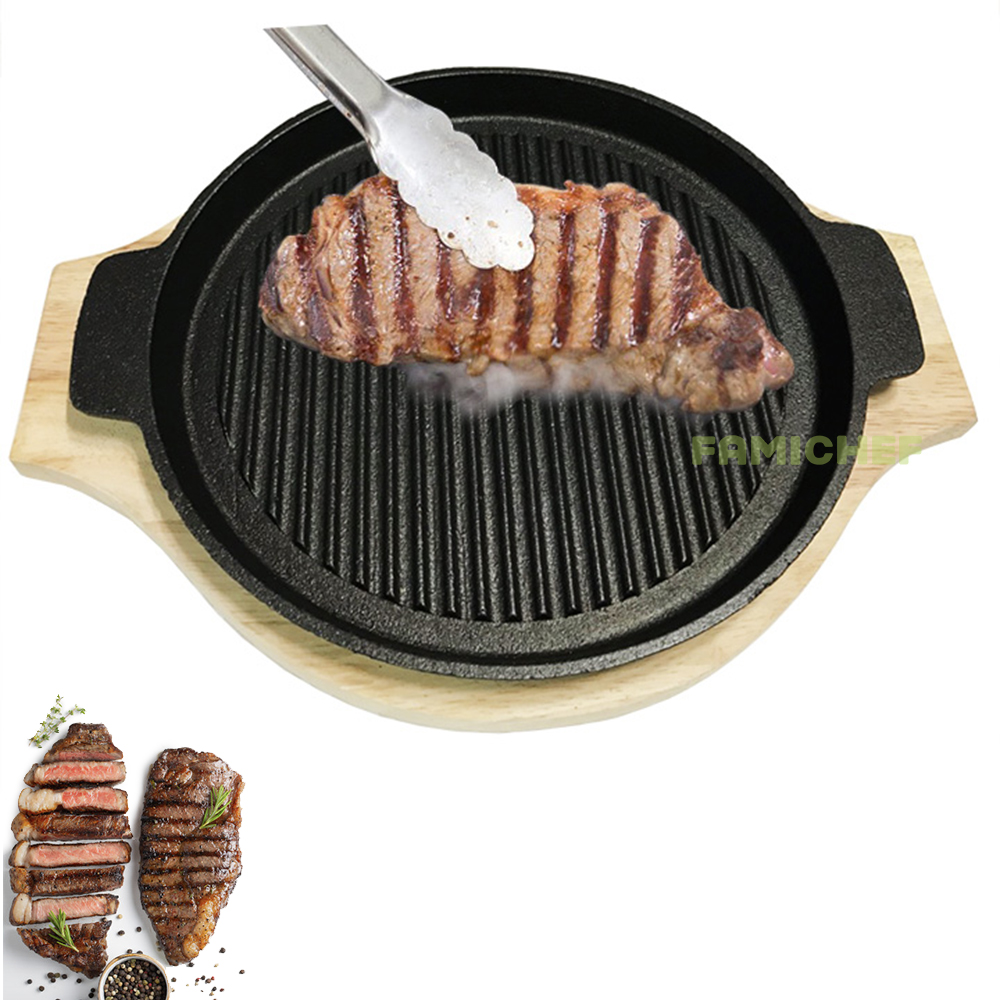 Chảo gang nướng chống dính BBQ kèm đế lót gỗ Dragon D080