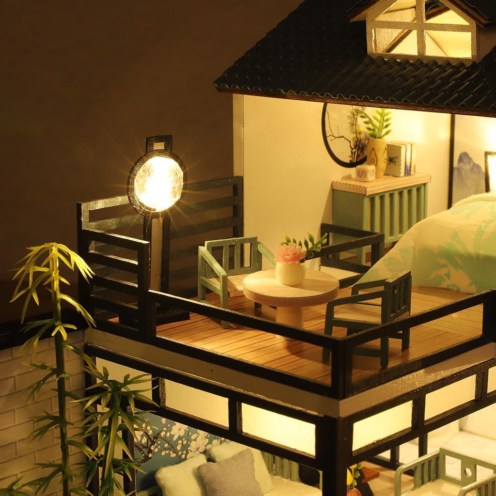 Wooden Dollhouse with Lights and Furniture Accessories, DIY Romantic Creative Villa House Room Set Gift for Ages 3+