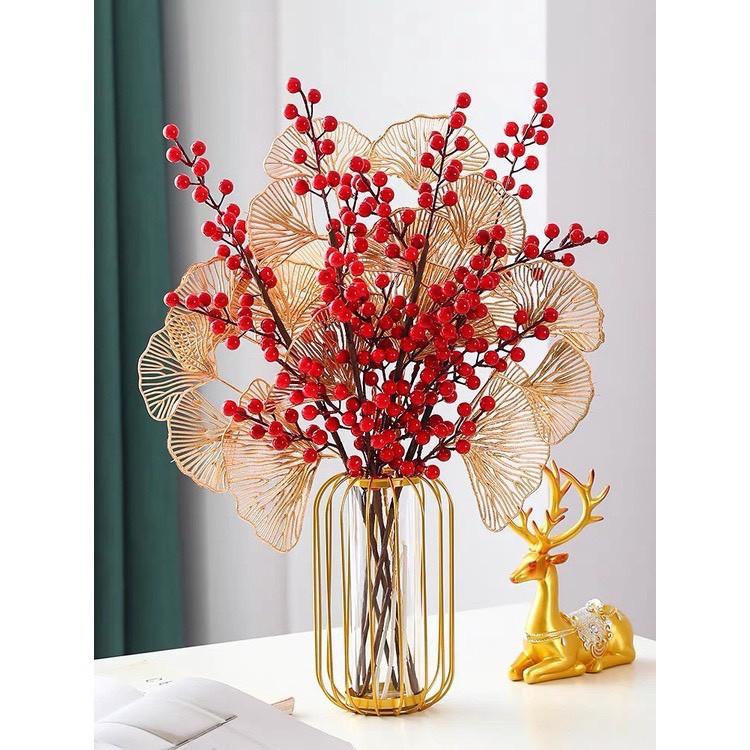 Cành Rẻ Quạt, Đuôi Công nhũ vàng ,Cành đào đông đỏ cành quả cherry trang trí nội thất