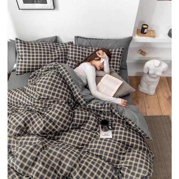 Set Cotton Living 100%cotton Hàng Nhập Khẩu 4 Món Kẻ Đen Vàng Đơn Giản