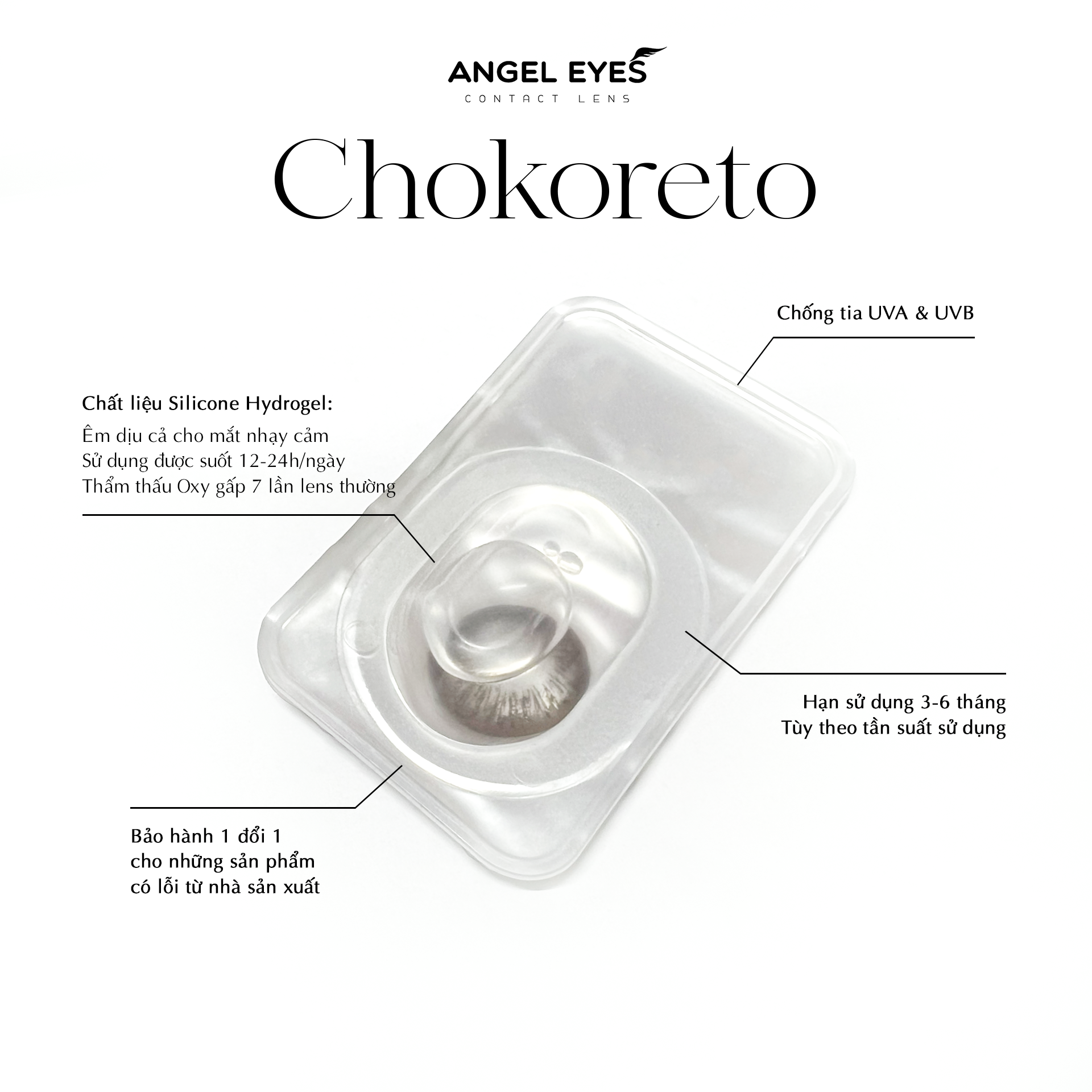 Kính giãn tròng màu Choco hiệu Angel Eyes Topaz Chokoreto có độ - Chất liệu Silicone Hydrogel độ giãn 14.5