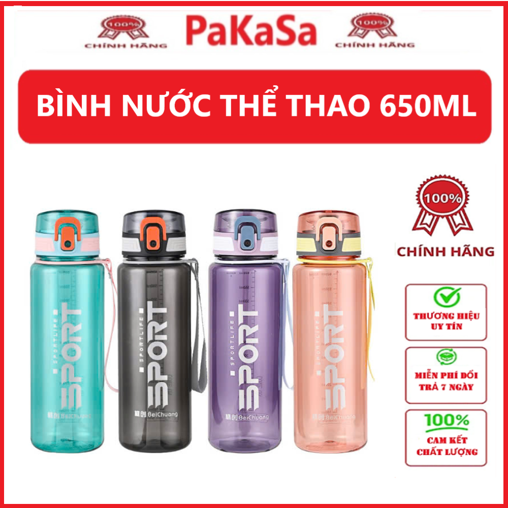 Bình Nước Thê Thao 650ML Có Khóa, Có Chia Vạch , Ron Chống Tràn , Bình Nhựa Tập Gym , Chạy Bộ , Sport Chất Liệu Nhựa PP An Toàn - Hàng chính hãng