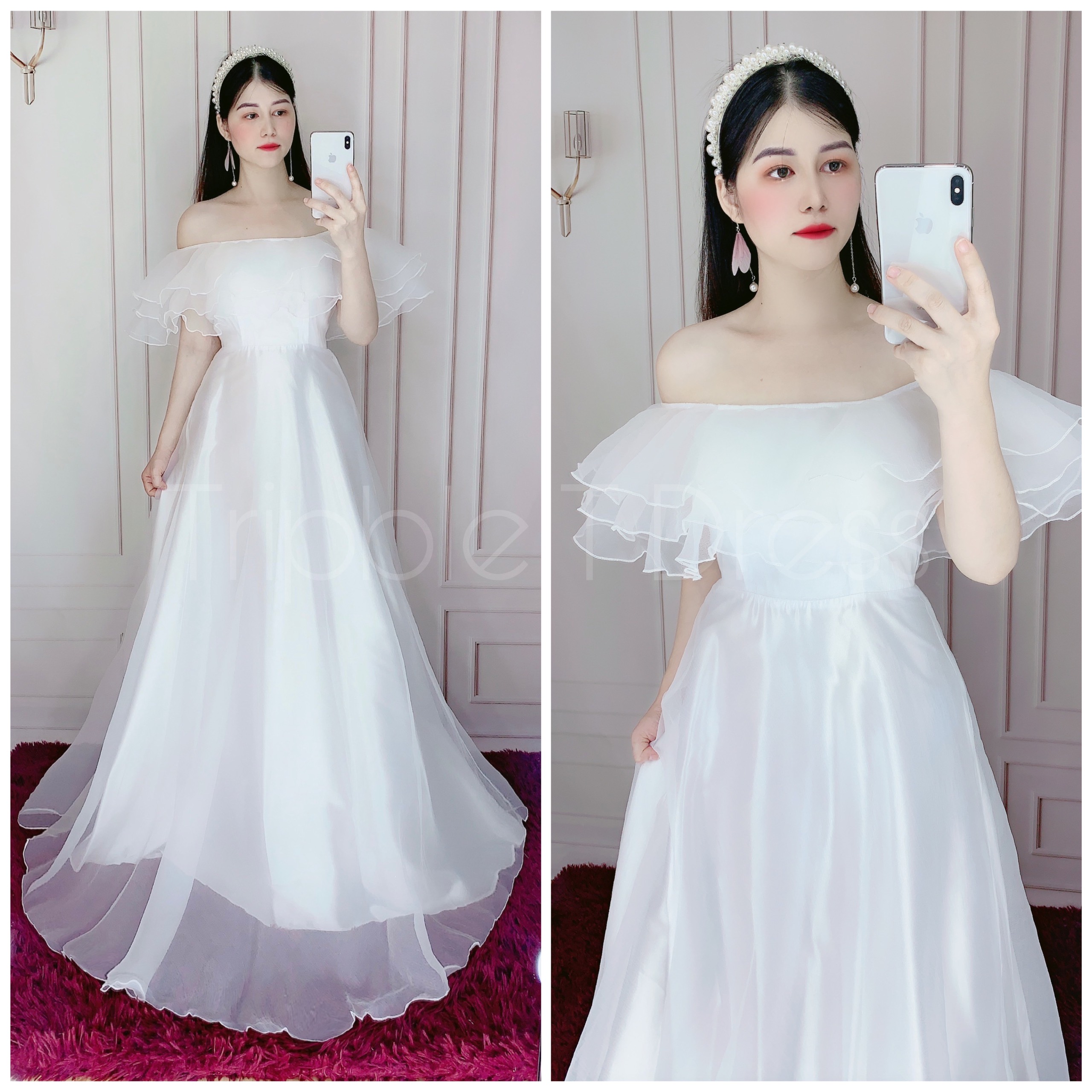 Đầm maxi dự tiệc mặc cưới bẹt vai tầng bèo TRIPBLE T DRESS - Size S/M/L (ảnh/video thật) MS324V