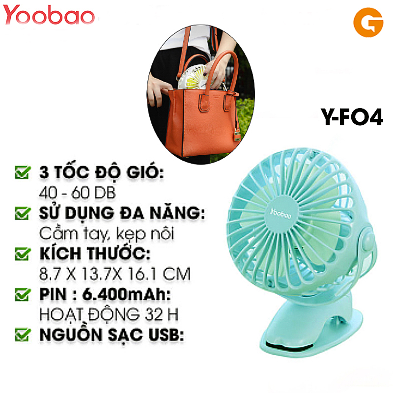 Quạt sạc mini Yoobao Y-F04 kẹp, để bàn xoay góc 720 độ, 32 tiếng, 6400 mAh màu xanh bạc hà- Hàng chính hãng