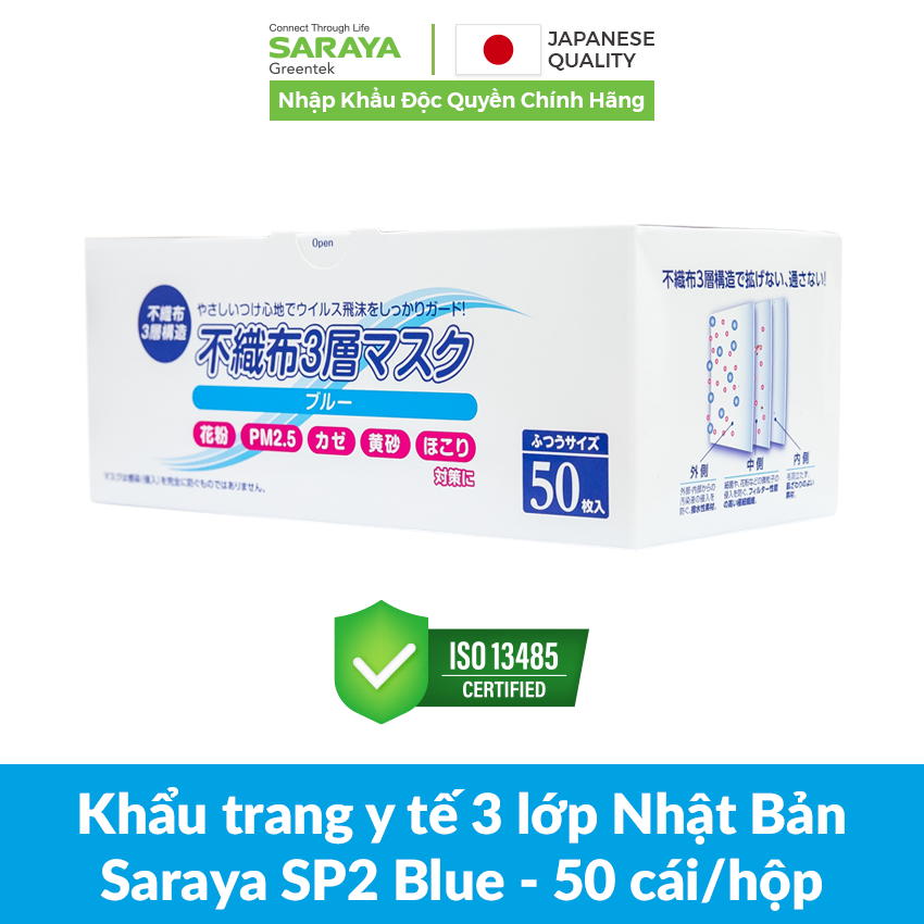 Khẩu trang y tế 3 lớp Nhật Bản Saraya SP2, có giấy phép công bố TC từ Sở Y Tế Tp.HCM - 50 cái/hộp