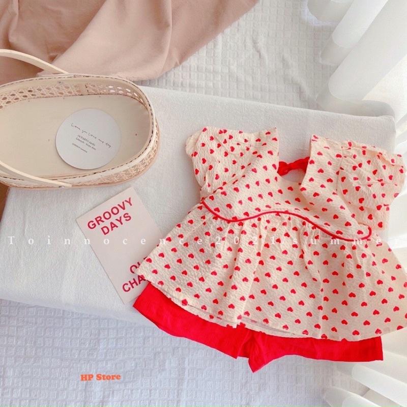 Bộ Áo Quần Bé Gái 13-32kg Chấm Bi Trái Tim Đỏ Tay Phồng Thắt Nơ Sau, Hàng Xuất Khẩu