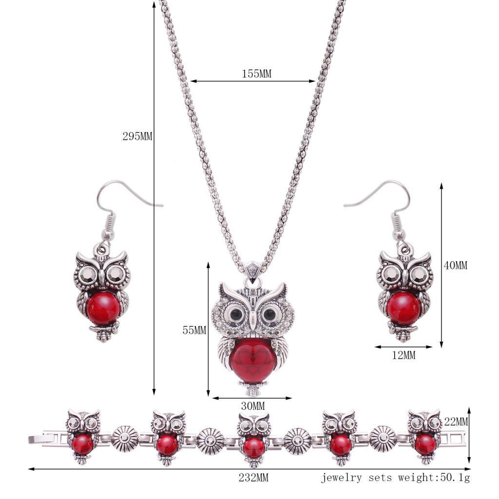 Pendant Necklace Earrings Bracelet Jewelry Set - Owl Red