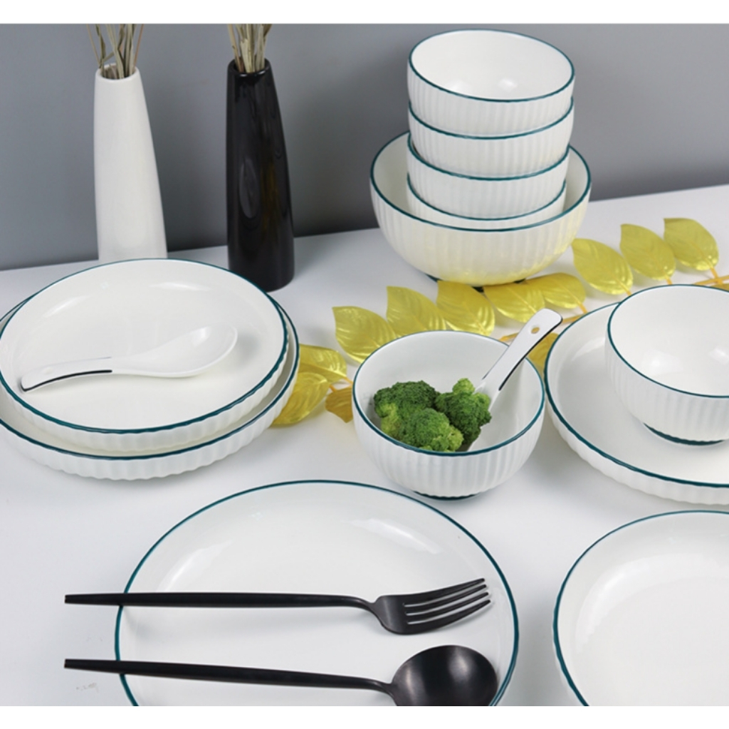 Bộ bát đĩa gốm sứ Phương Đông trắng viền xanh sang trọng, chén dĩa decor trang nhã, tặng kèm bộ đũa gỗ