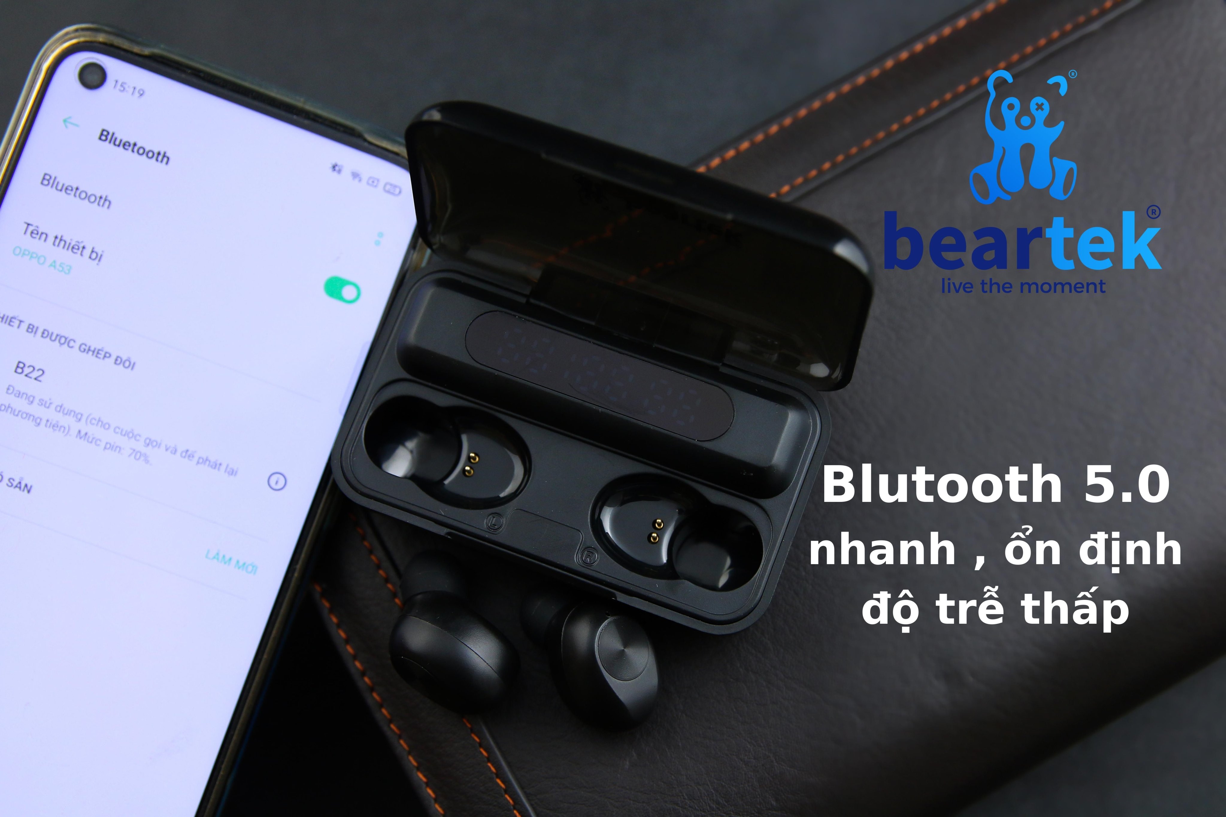 Tai nghe bluetooth Beartek B22 True Wireless bản nâng cấp chạm cảm ứng – Kết nối không dây dễ dàng – Hiển thị % pin - Hàng chính hãng