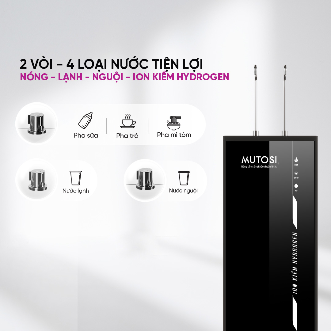 [Miễn phí vận chuyển &amp; lắp đặt] Máy lọc nước Nóng - Lạnh - RO - Ion Kiềm Hydrogen. Hàng chính hãng Mutosi MP-S1021H - 10 cấp lọc, 2 vòi 4 chế độ nước