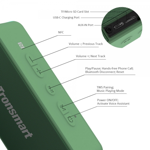 Loa Bluetooth 5.0 Tronsmart T2 Plus công suất 20W hỗ trợ TWS và NFC ghép đôi 2 loa, âm thanh vòm 360 độ kết hợp bass trầm chống nước IPX7, có Mic đàm thoại - Hàng chính hãng