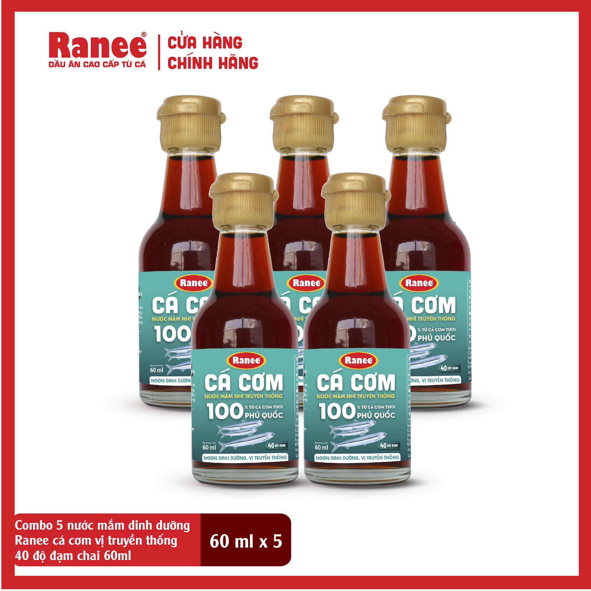 Combo 5 Nước mắm dinh dưỡng Ranee cá cơm vị truyền thống 40 độ đạm chai 60ml