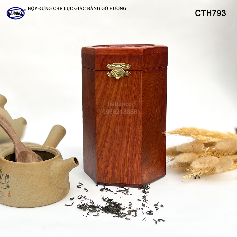 Hộp đựng trà bằng gỗ Hương mặt đục chữ Phúc - hình lục lăng, cafe, decor, giúp giữu mùi vị, vân gỗ siêu đẹp - CTH793