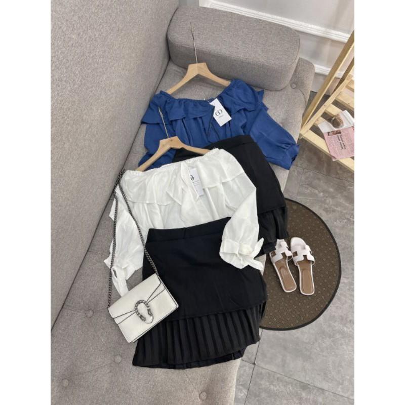 SET ÁO TRỄ VAI CỔ BÈO MIX CHÂN VÁY RẬP LI NHSET02