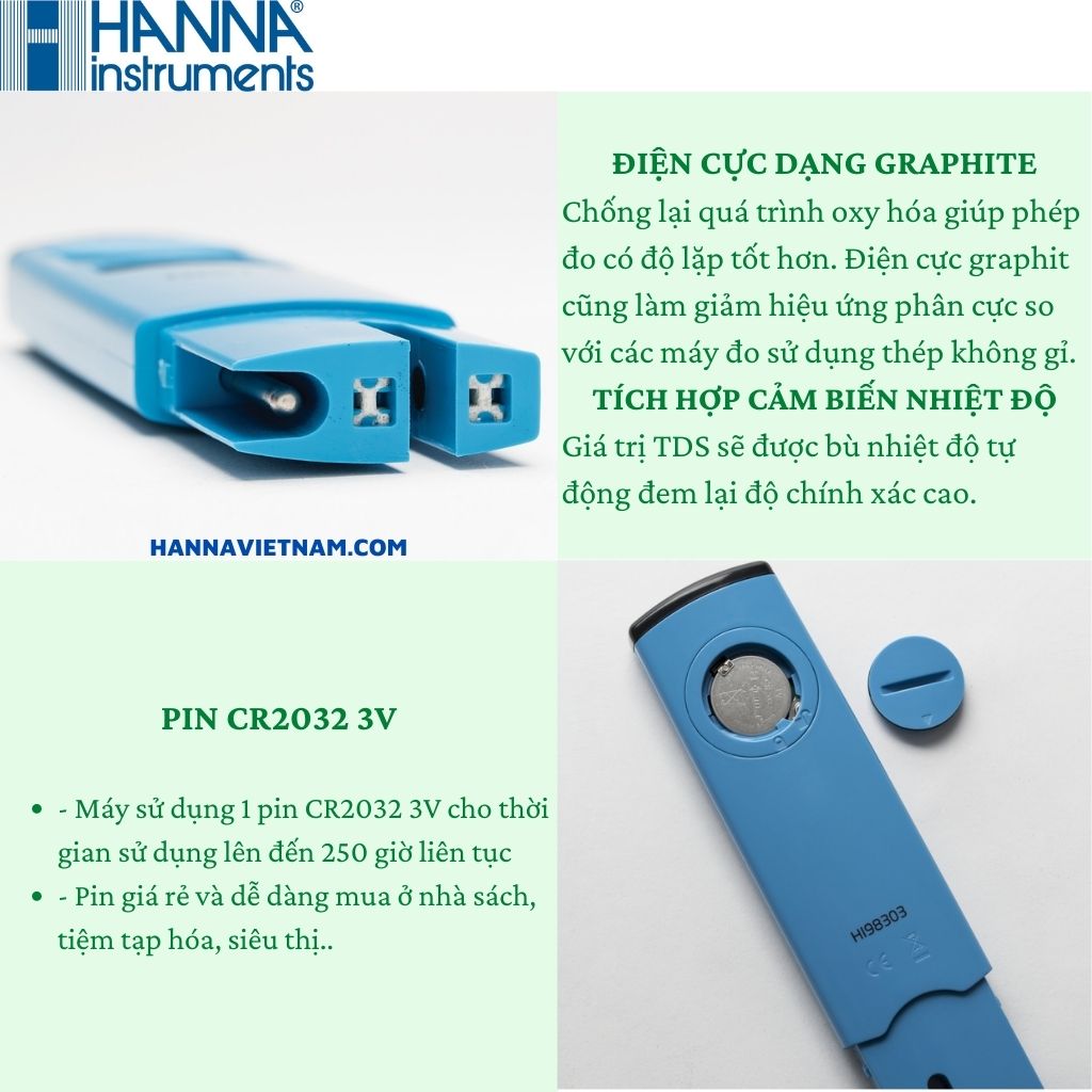 Bút Đo TDS/Nhiệt Độ Thang Cao Dòng PoolLine Chuyên Cho Nước Hồ Bơi - HANNA - HI983024 Tặng Kèm 4 Gói Dung Dịch Hiệu Chuẩn Máy , Bảo Hành Chính Hãng