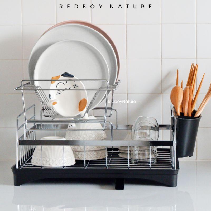 Kệ úp ráo nước chén dĩa inox 2 tầng chống rỉ sét TẶNG KÈM DAO CẮT TRÁI CÂY
