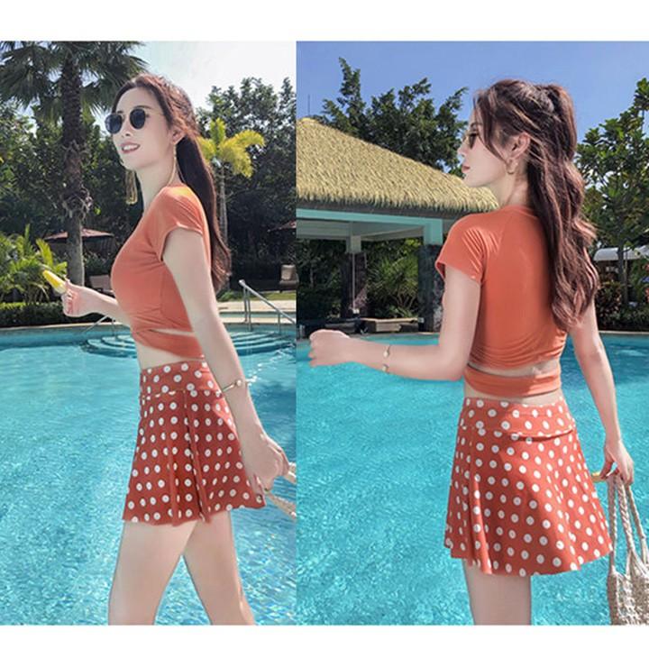 Bộ đồ bơi nữ bikini 2 mảnh váy chấm bi chất thun đẹp, bộ áo tắm chấm bi hàng mới