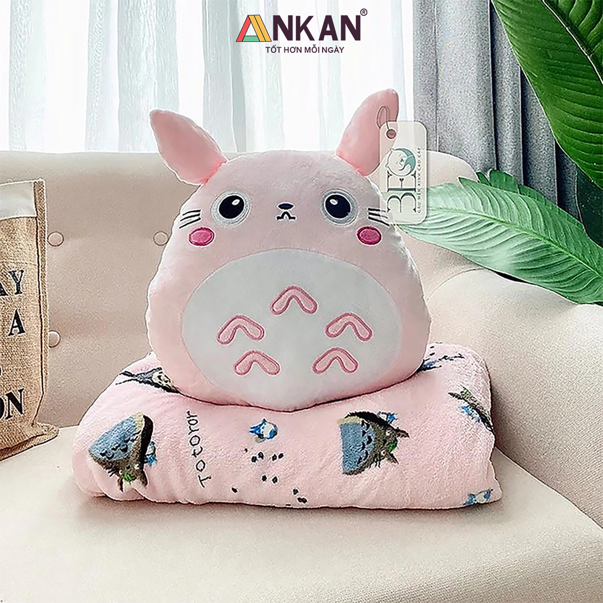 Bộ Chăn Gối Văn Phòng 3 Trong 1 Hình Thỏ Xám Và Thỏ Hồng TOTORO Xinh Đẹp
