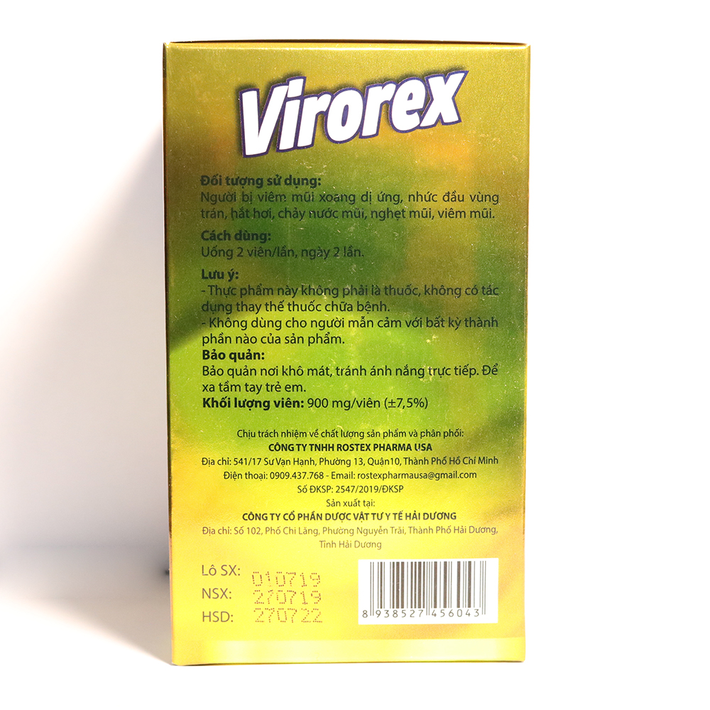 Viên uống VIROREX giảm viêm xoang, viêm mũi dị ứng, ngạt mũi, tắc mũi, chảy nước mũi - Hộp 60 viên thành phần Tân di hoa, Bạch chỉ, Thương nhĩ tử, Phòng phong, Bạc hà
