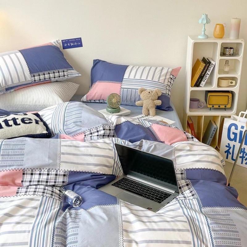 Bộ Chăn Ga Gối Cotton Living 100%Cotton Hàng Nhập Khẩu Cao Cấp 4 Món Kẻ Ô Hiện Đại