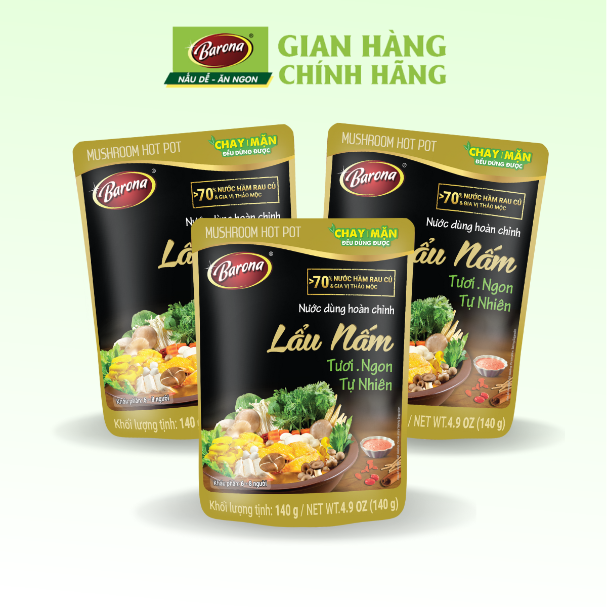 Combo 3 gói Nước dùng Lẩu Nấm Barona 140g, Chay mặn đều dùng được, tươi ngon chuẩn vị không cần nêm nếm