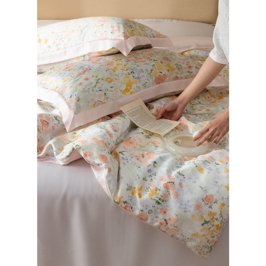Bộ chăn ga gối cao cấp 100%Tencel 60s, họa tiết Hoa Lá màu sắc tươi sáng và sang trọng, chất liệu mềm mịn mát