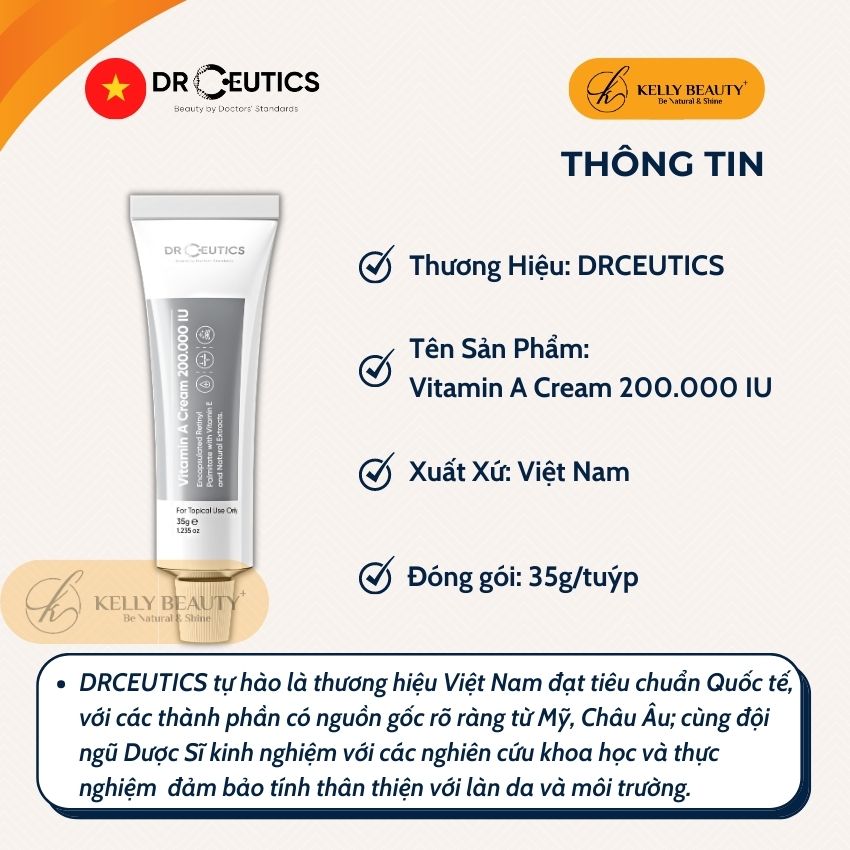 Kem Dưỡng Vitamin A Cream 200.000 IU DrCeutics - Mờ Nếp Nhăn, Căng Mịn; Sáng Da, Mờ Thâm Nám | Kelly Beauty